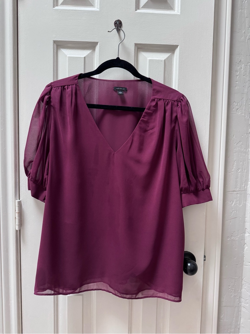 Ann Taylor L Puff Sleeve V-Neck Popover, Plum